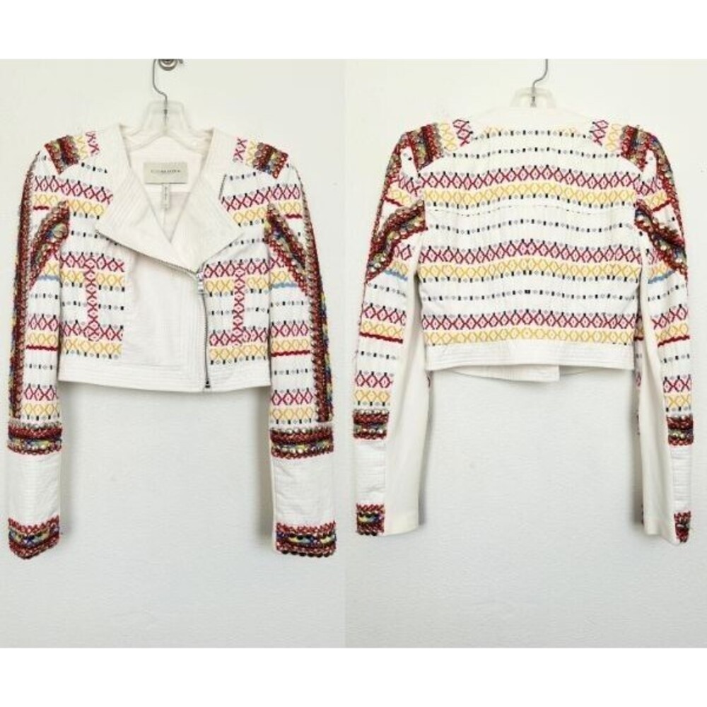 BCBGMaxazria Runway Embroidered Embellished Moto Jacket White Women's XXS 2XS